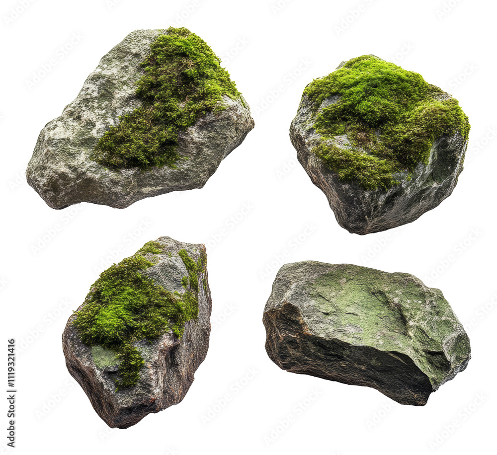 Mossy stones isolated on transparent background, nature and geology concept Mossy stones isolated on transparent background, nature and geology concept