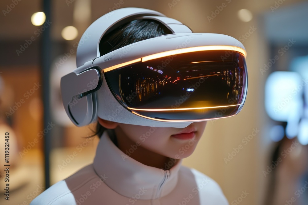 A young individual wearing a sleek virtual reality headset, immersing themselves in a futuristic world filled with digital marvels and advanced technology. A young individual wearing a sleek virtual reality headset, immersing themselves in a futuristic world filled with digital marvels and advanced technology.