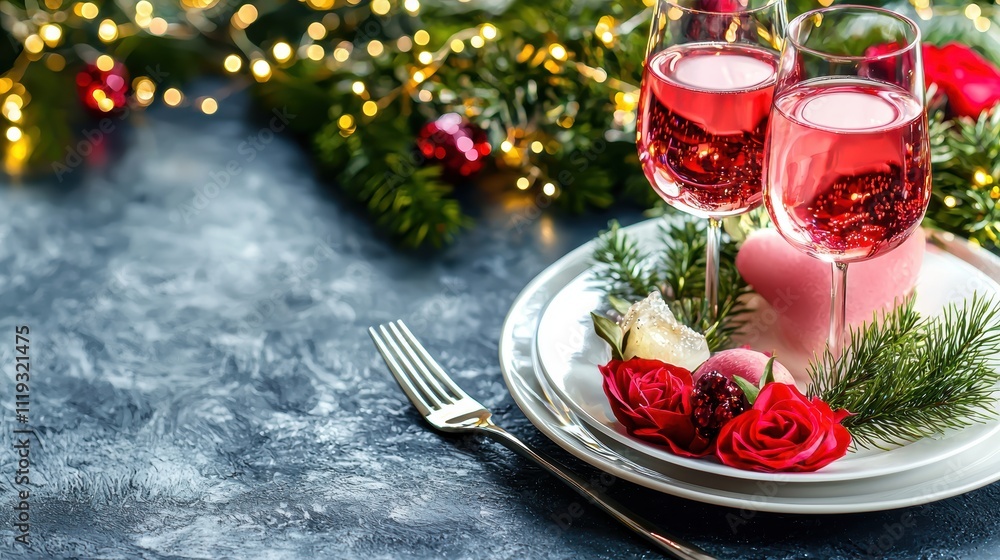 Fototapeta premium Romantic Date Night Intimate Setting Dinner Table Cozy Atmosphere Close-Up View Realistic Copy Space for Text