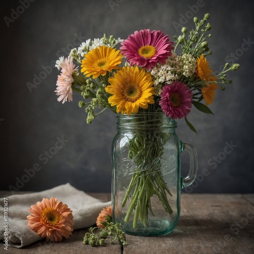 A bouquet of handpicked flowers in a simple mason jar. photo