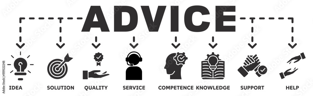 Advice banner web icon vector illustration concept with icon of idea, solution, quality, service, competence, knowledge, support, help Advice banner web icon vector illustration concept with icon of idea, solution, quality, service, competence, knowledge, support, help