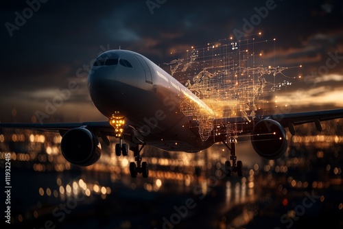 A plane in flight merges with a digital map overlay, symbolizing global travel, connectivity, and innovation, against a backdrop of a city illuminated with futuristic lights. photo