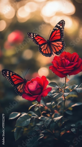 Wallpaper Mural Two Butterflies with Heart-Shaped Wings Fluttering Around Roses Garden Nature Photography Soft Focus Romantic Concept Torontodigital.ca