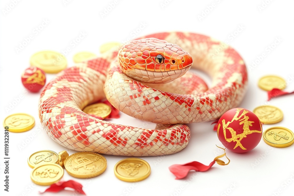 Obraz premium An artistic display of a coiled snake surrounded by red and gold decorations. 