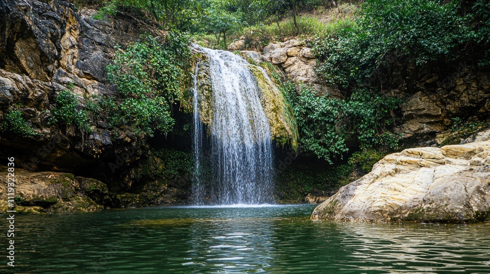 Naklejka premium Beautiful waterfall surrounded by greenery and natural rock formations