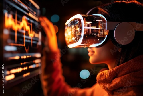 A person uses a virtual reality headset, interacting with an immersive display of glowing data, representing cutting-edge technology and user engagement dynamics. photo