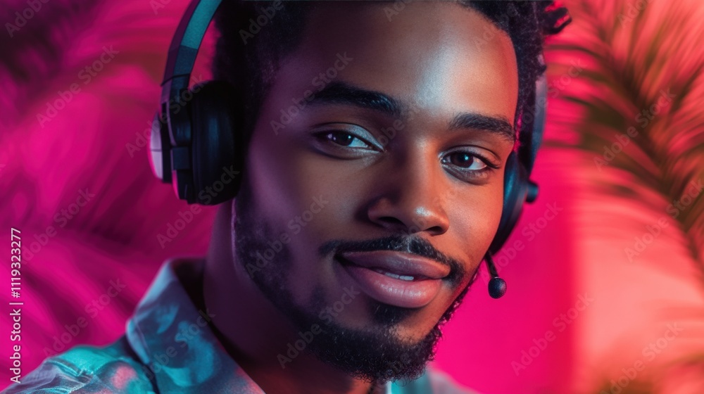 Young Man Wearing Headset Against Pink Background Young Man Wearing Headset Against Pink Background