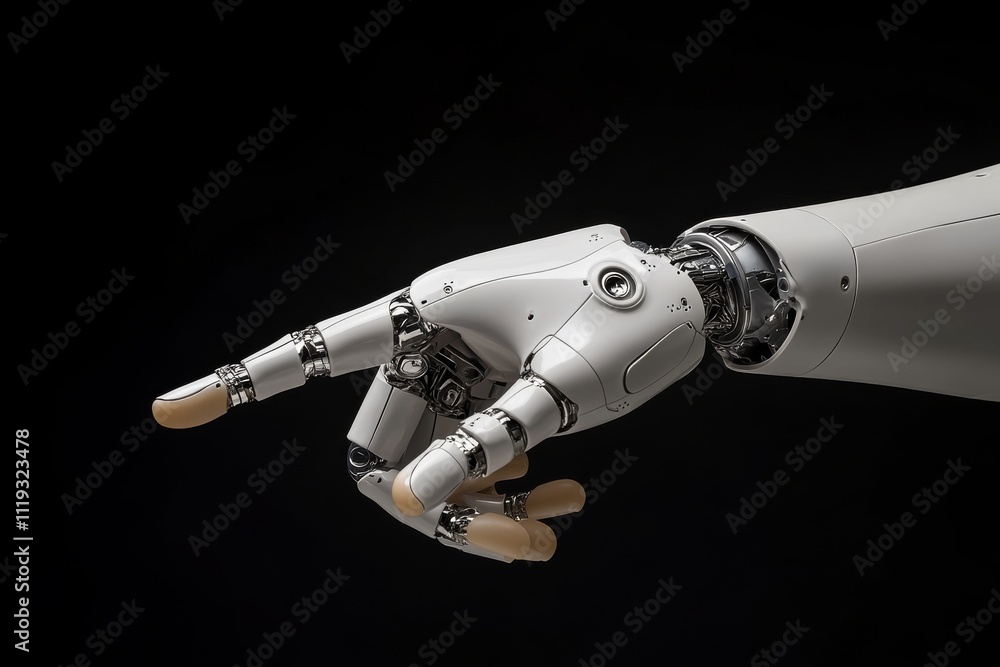 A sleek, articulated robotic hand with a white finish points forward, indicating precision and advanced technology, embodying future technological advancements. A sleek, articulated robotic hand with a white finish points forward, indicating precision and advanced technology, embodying future technological advancements.
