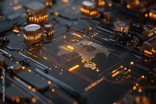 An intriguing depiction of a digital circuit board resembling a glowing city topography, exemplifying technology's integration with urban environments.
