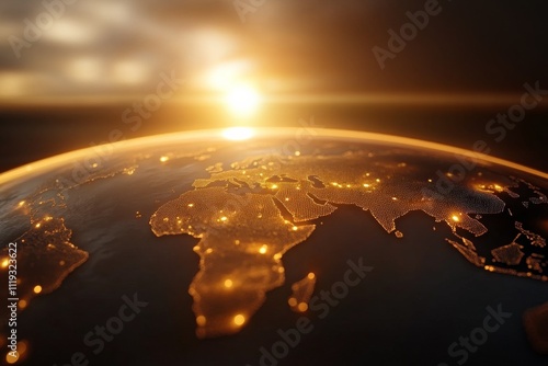 A beautiful view of the Earth's continents lit up against a backdrop of a sunrise, symbolizing global connection, unity, technology, and modern communication.