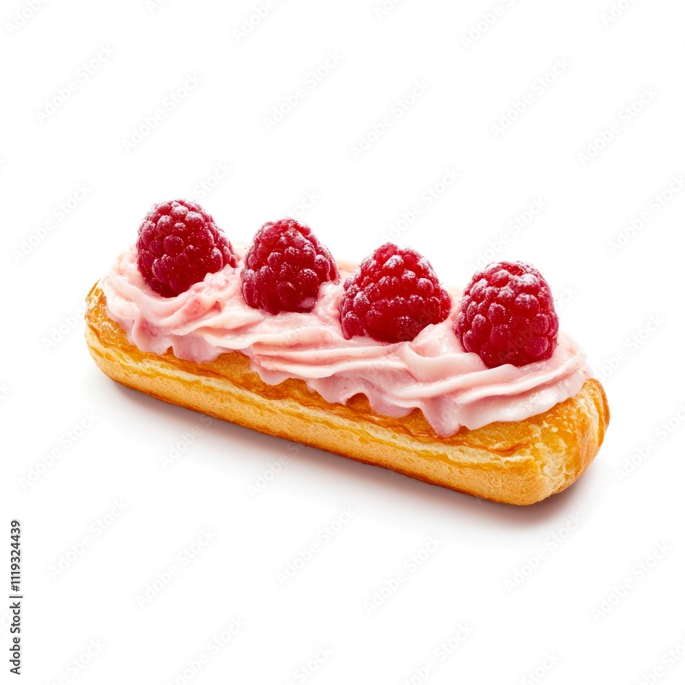 Raspberry eclair decorated with fresh berries isolated on white background. Raspberry eclair decorated with fresh berries isolated on white background.