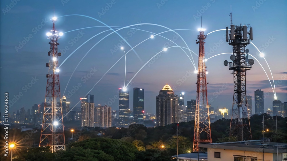5G Technology, cityscape with glowing 5G towers and digital signals connecting devices 5G Technology, cityscape with glowing 5G towers and digital signals connecting devices