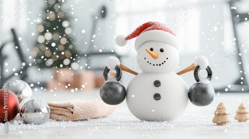 Festive christmas workout snowman at the gym in a dynamic holiday fitness environment