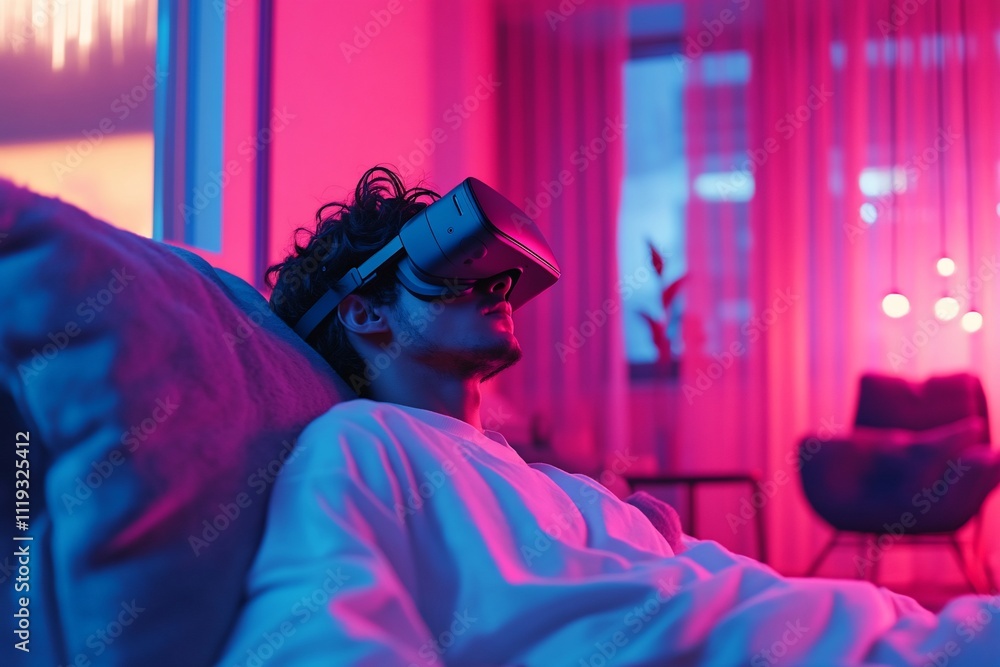 Man relaxing on sofa wearing VR headset in neon-lit room. Man relaxing on sofa wearing VR headset in neon-lit room.