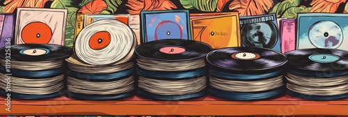 A colorful display of vinyl records on a shelf, showcasing music and nostalgia. photo