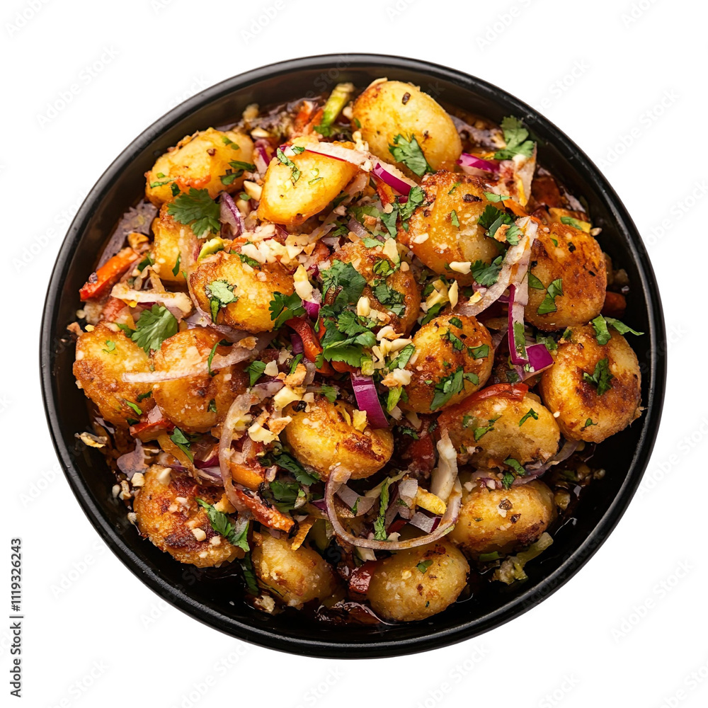 Top view of a delicious looking tikki chaat on a dark bowl isolated on a white transparent background Top view of a delicious looking tikki chaat on a dark bowl isolated on a white transparent background