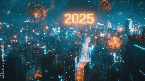 Toasting augmented reality overlay showing 2025 floating above a cityscape, visible through smart contact lenses as fireworks explode.