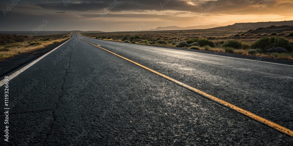 A long, straight highway stretches towards a dramatic sunset over a vast, desolate landscape. A long, straight highway stretches towards a dramatic sunset over a vast, desolate landscape.