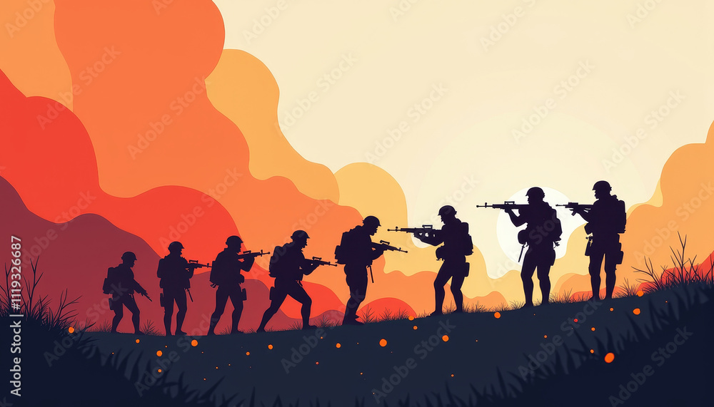 Fire team formation in silhouette style during sunset with dynamic military spirit for illustration concept Fire team formation in silhouette style during sunset with dynamic military spirit for illustration concept
