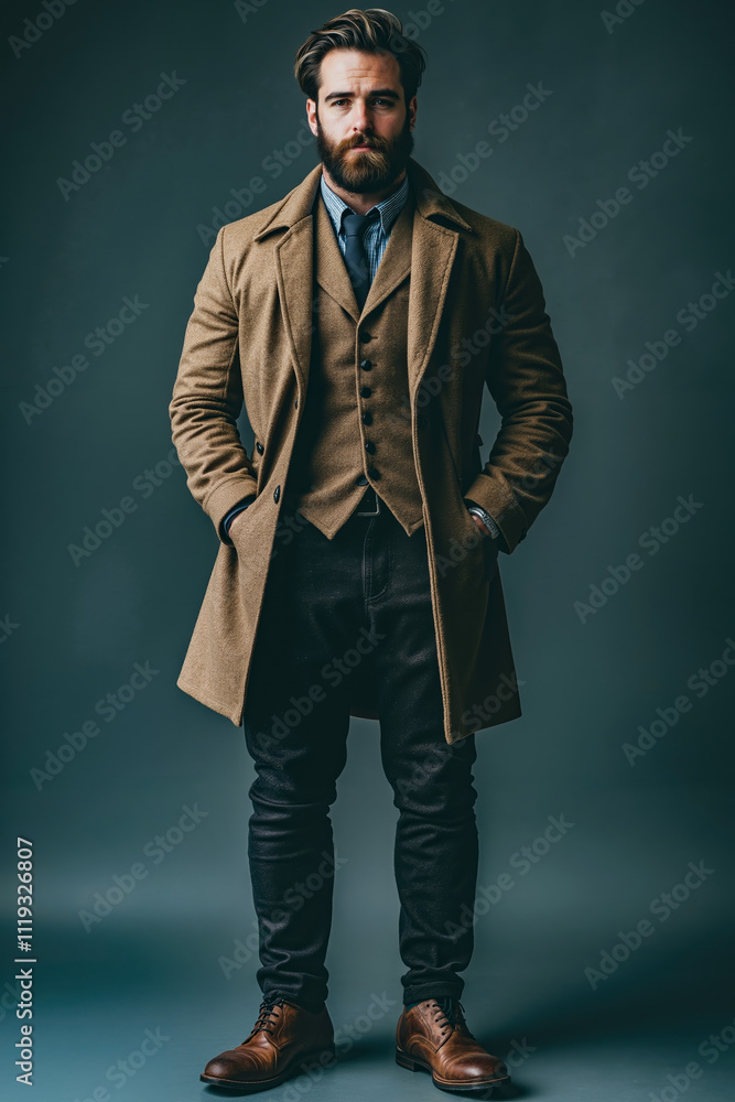A man with a beard wearing a brown coat and a blue shirt A man with a beard wearing a brown coat and a blue shirt