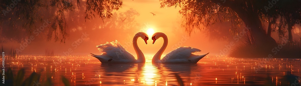 Naklejka premium A serene scene of two swans gracefully forming a heart shape with their necks at sunset, creating a romantic and peaceful atmosphere on tranquil waters.