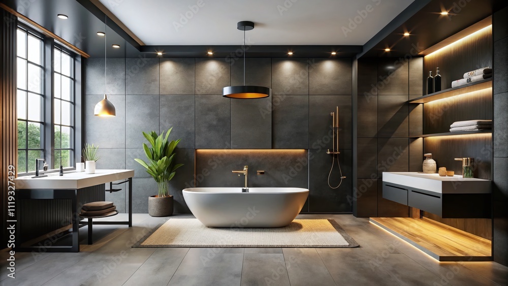 Fototapeta premium Modern Matte Black Bathroom Design: Sleek Bathtub, Sink, Shower - Interior Illustration