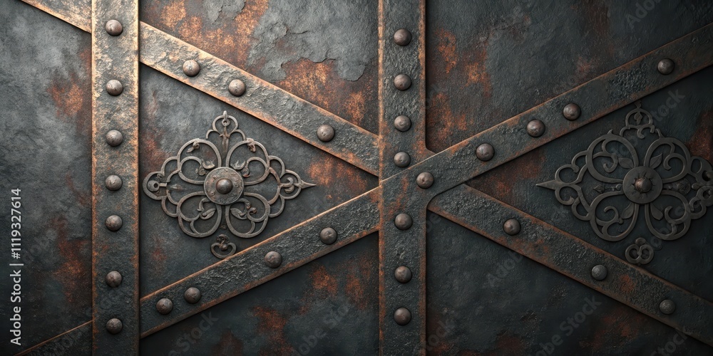 Rustic Metal Gate with Ornate Decorative Elements and Aged Texture Rustic Metal Gate with Ornate Decorative Elements and Aged Texture