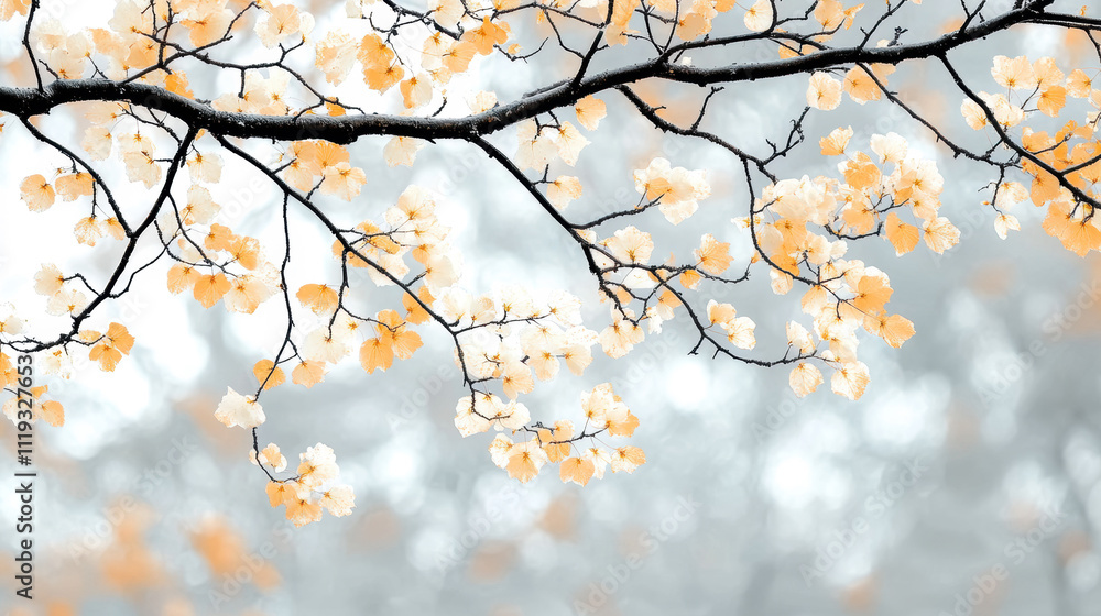 Branches Adorned With Pale Yellow Blossoms Against a Serene Backdrop of Misty Gray in Early Spring Light Branches Adorned With Pale Yellow Blossoms Against a Serene Backdrop of Misty Gray in Early Spring Light