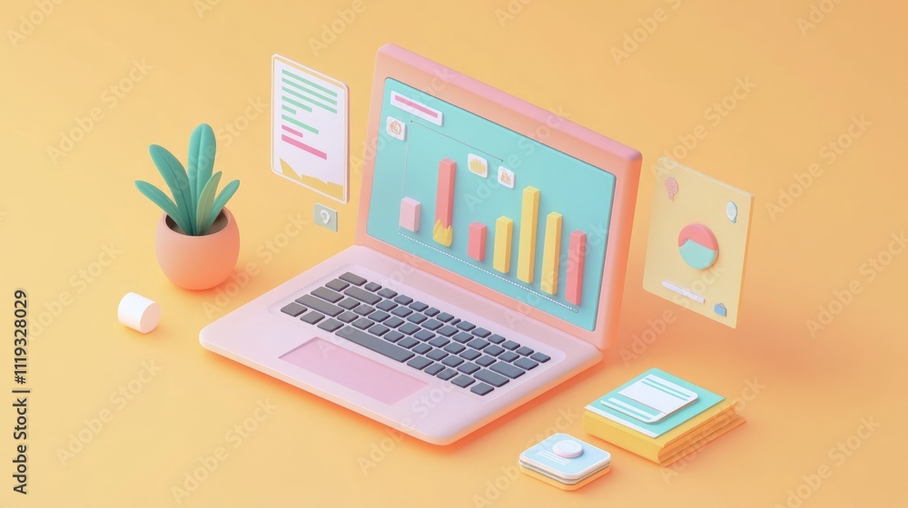 Pastel laptop displaying data graphs, charts, documents, plant, and stationery on a yellow background. Pastel laptop displaying data graphs, charts, documents, plant, and stationery on a yellow background.