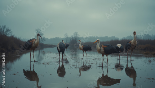 Storks resting gracefully in misty wetland with reflections in calm water