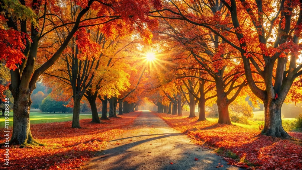 Autumnal Pathway Sunlit Road Through a Canopy of Vibrant Fall Foliage Autumnal Pathway Sunlit Road Through a Canopy of Vibrant Fall Foliage