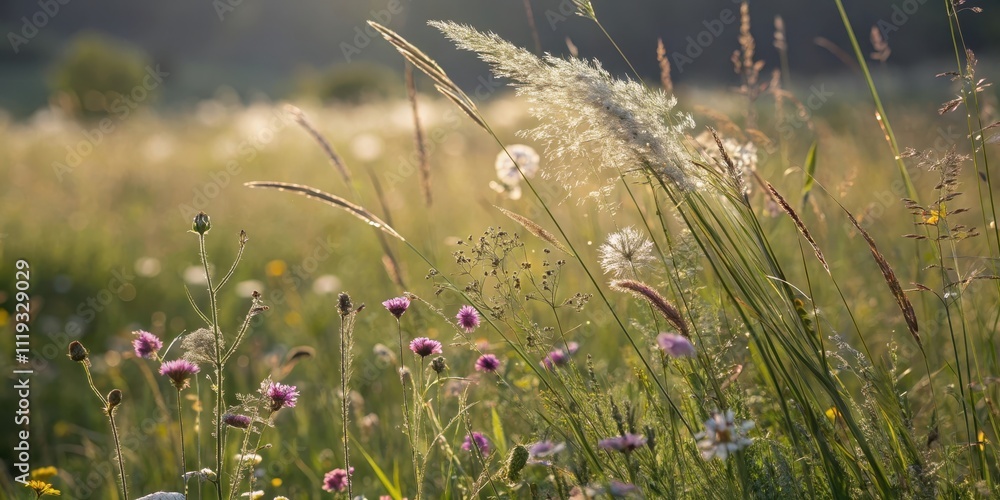 Golden hour meadow wildflowers bathed in sunlight, delicate grasses swaying gently in a summer breeze Golden hour meadow wildflowers bathed in sunlight, delicate grasses swaying gently in a summer breeze