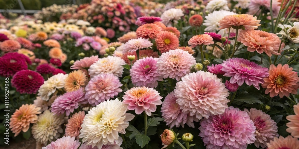 A profusion of pastel and peach chrysanthemums in full bloom, showcasing a vibrant display of autumnal colors and delicate textures. A profusion of pastel and peach chrysanthemums in full bloom, showcasing a vibrant display of autumnal colors and delicate textures.