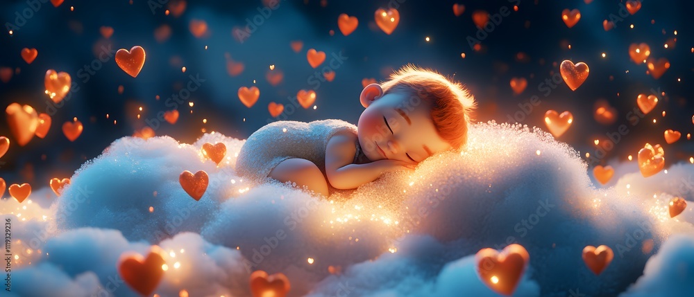 A dreamy child peacefully sleeps on soft clouds, surrounded by glowing hearts, evoking a sense of love and tranquility. A dreamy child peacefully sleeps on soft clouds, surrounded by glowing hearts, evoking a sense of love and tranquility.
