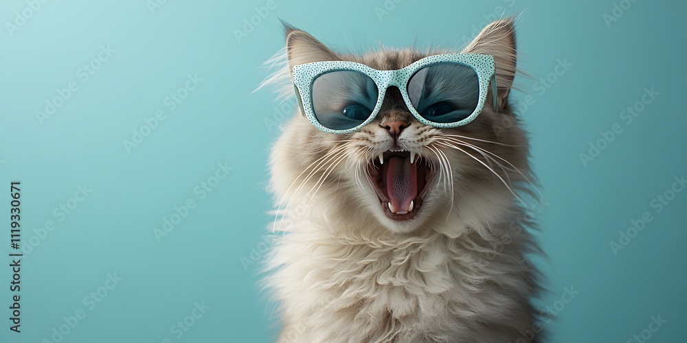 A cat wearing glasses with its mouth open showing its fangs and rough tongue gives off a funny and cute vibe, perfect for use in funny memes or social media posts promoting relaxation. A cat wearing glasses with its mouth open showing its fangs and rough tongue gives off a funny and cute vibe, perfect for use in funny memes or social media posts promoting relaxation.