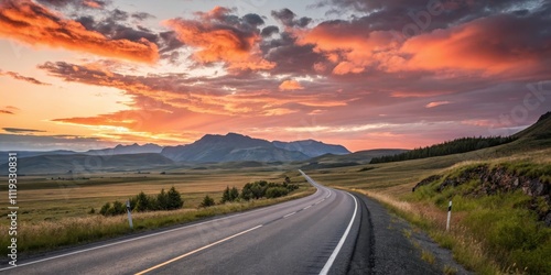 Wallpaper Mural A scenic highway curves gently through a vast, tranquil landscape at sunset, with fiery orange and pink clouds painting the sky above a range of distant mountains. Torontodigital.ca