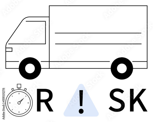 Delivery truck icon combined with a stopwatch, a triangular warning sign, and letters R and K. Ideal for logistics, risk assessment, time management, safety, supply chain, transportation