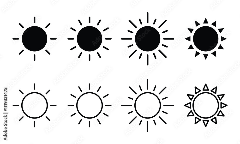 Sun icons collection. Sunshine vector sign. Shine sun ray set. Sun icons vector isolated on white background. Sun icons collection. Sunshine vector sign. Shine sun ray set. Sun icons vector isolated on white background.