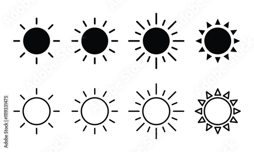 Sun icons collection. Sunshine vector sign. Shine sun ray set. Sun icons vector isolated on white background. 