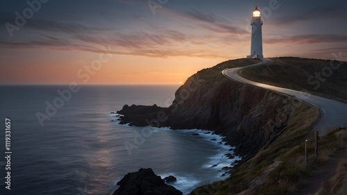 Lighthouse at Sunset on a Cliff