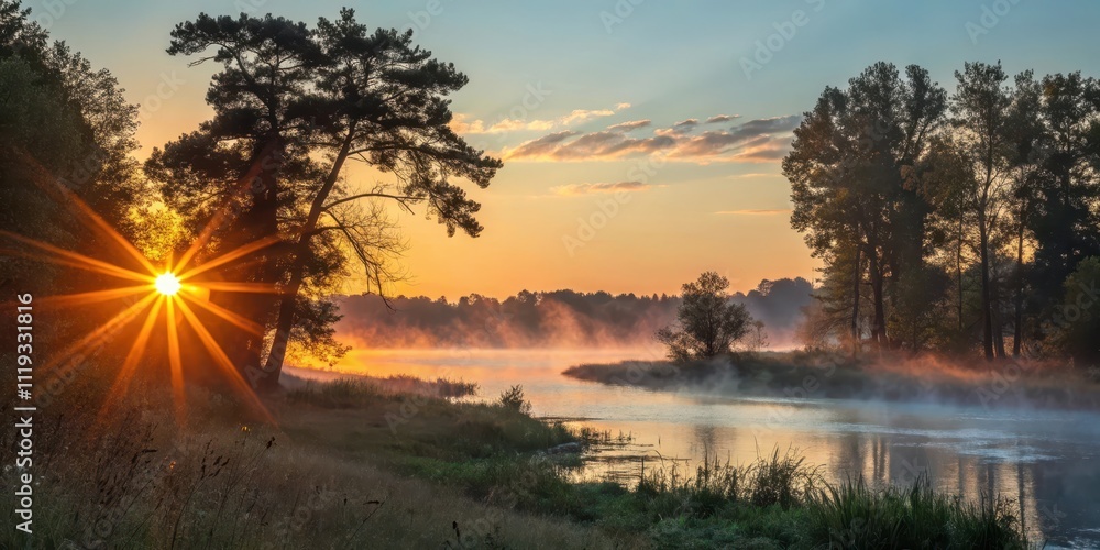 Fototapeta premium Sunrise Splendor Misty River at Dawn with Sun Rays Illuminating Silhouetted Trees