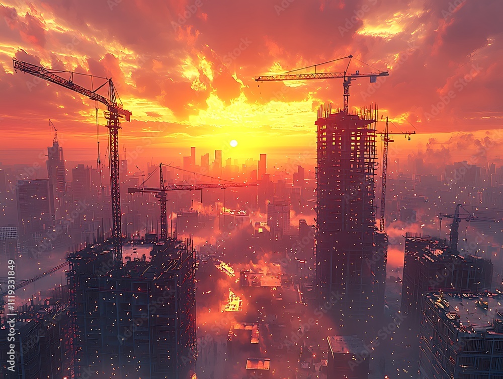 Cityscape Construction at Sunset: Cranes, Buildings, Urban Development Cityscape Construction at Sunset: Cranes, Buildings, Urban Development