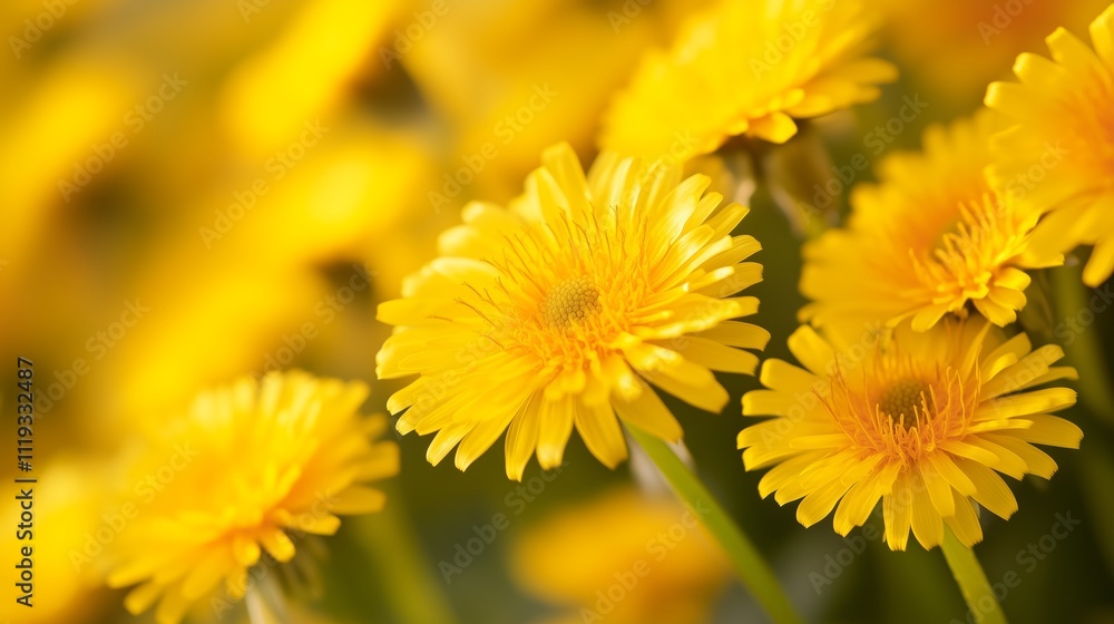 Bright yellow dandelion flowers blooming in a sunny field during springtime Bright yellow dandelion flowers blooming in a sunny field during springtime
