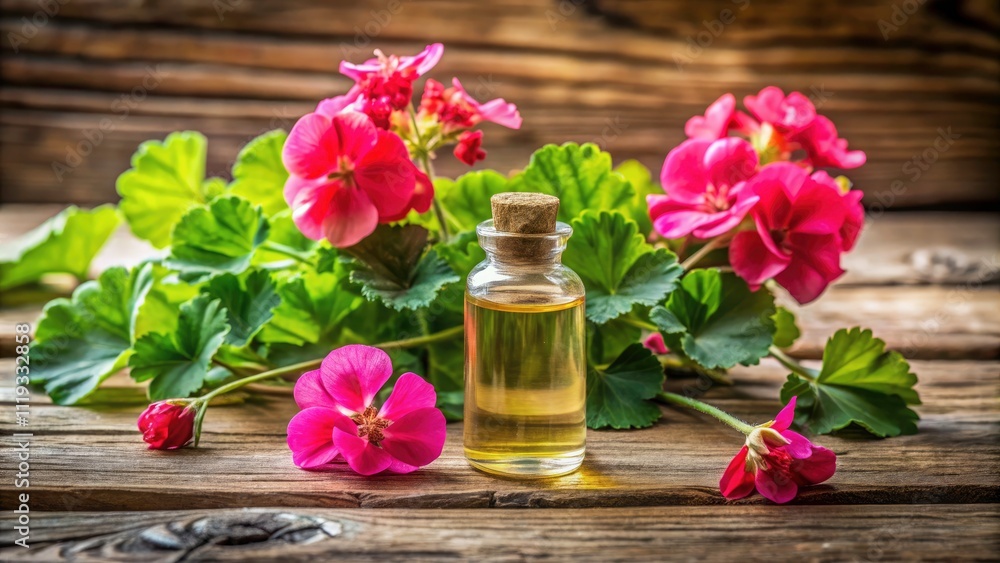 Long Exposure of Geranium Essential Oil with Fresh Geranium Flowers on Rustic Wooden Board for Aromatherapy and Natural Beauty Long Exposure of Geranium Essential Oil with Fresh Geranium Flowers on Rustic Wooden Board for Aromatherapy and Natural Beauty