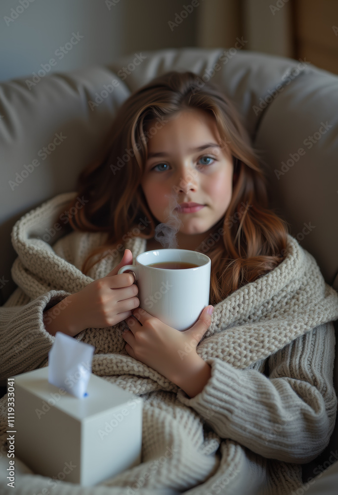 Caucasian young girl relaxing with tea in cozy blanket on chair Caucasian young girl relaxing with tea in cozy blanket on chair