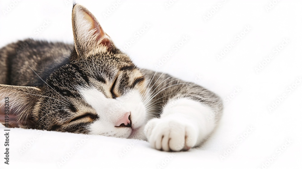 Fototapeta premium Adorable tabby cat peacefully sleeping on white background. Generative ai