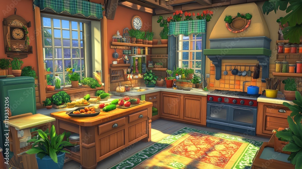 A cozy kitchen filled with plants, fresh produce, and warm wooden elements. A cozy kitchen filled with plants, fresh produce, and warm wooden elements.