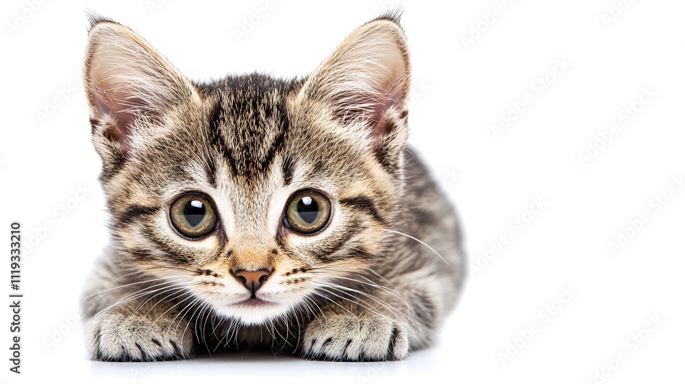 Adorable tabby kitten with big eyes, lying down, looking at camera on white background. Generative ai Adorable tabby kitten with big eyes, lying down, looking at camera on white background. Generative ai