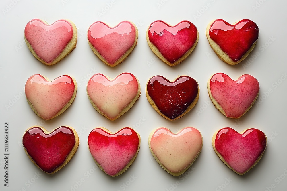 Heart-shaped Valentine's Day cookies decorated with red and pink icing. Heart-shaped Valentine's Day cookies decorated with red and pink icing.