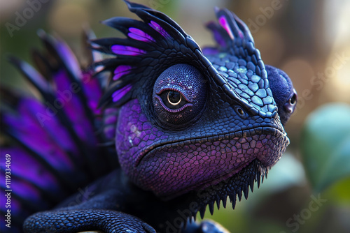 A close up of a purple and black chameleon with purple feathers photo